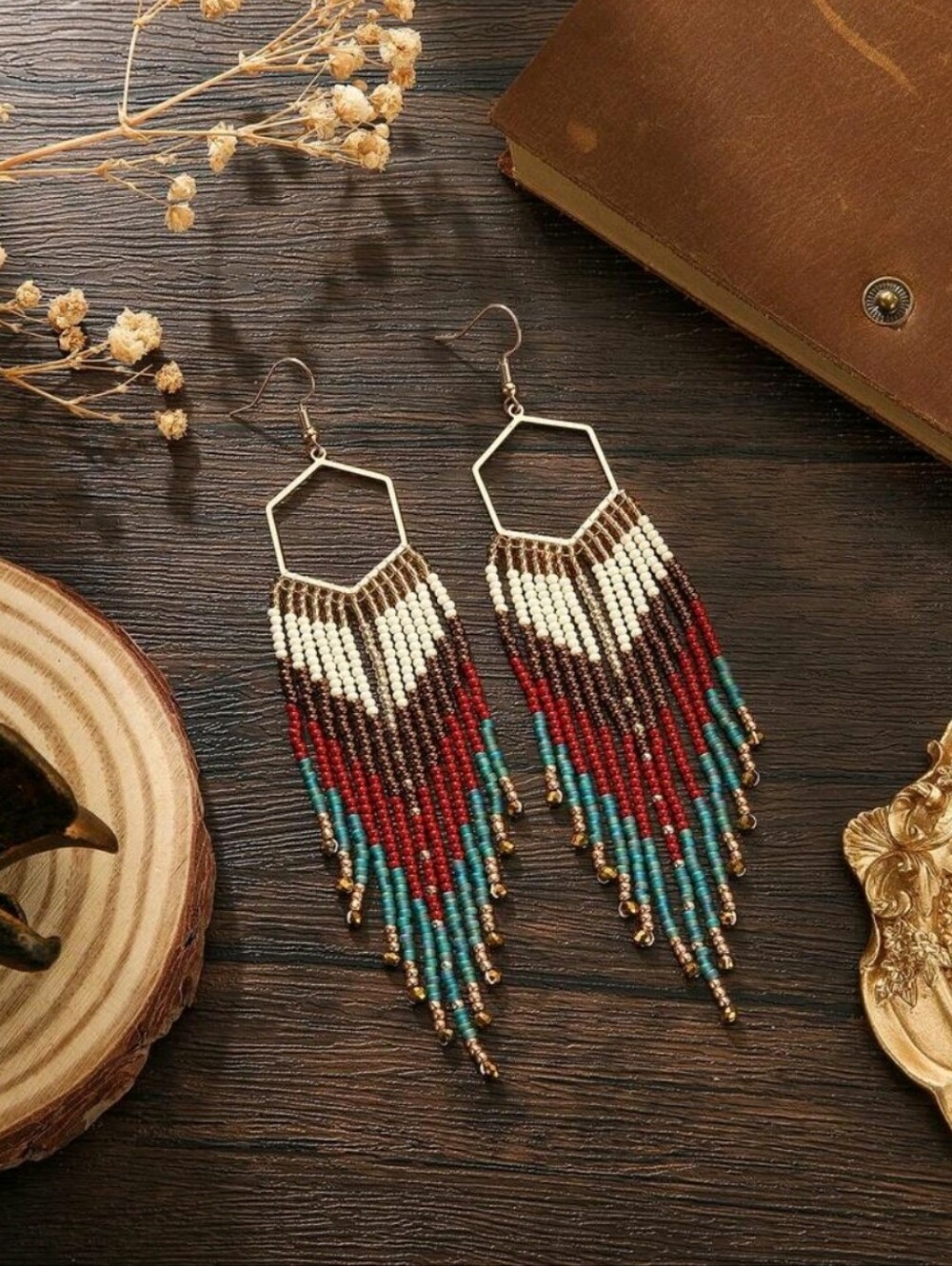 South Western Hexagon Fringe Beaded Earrings